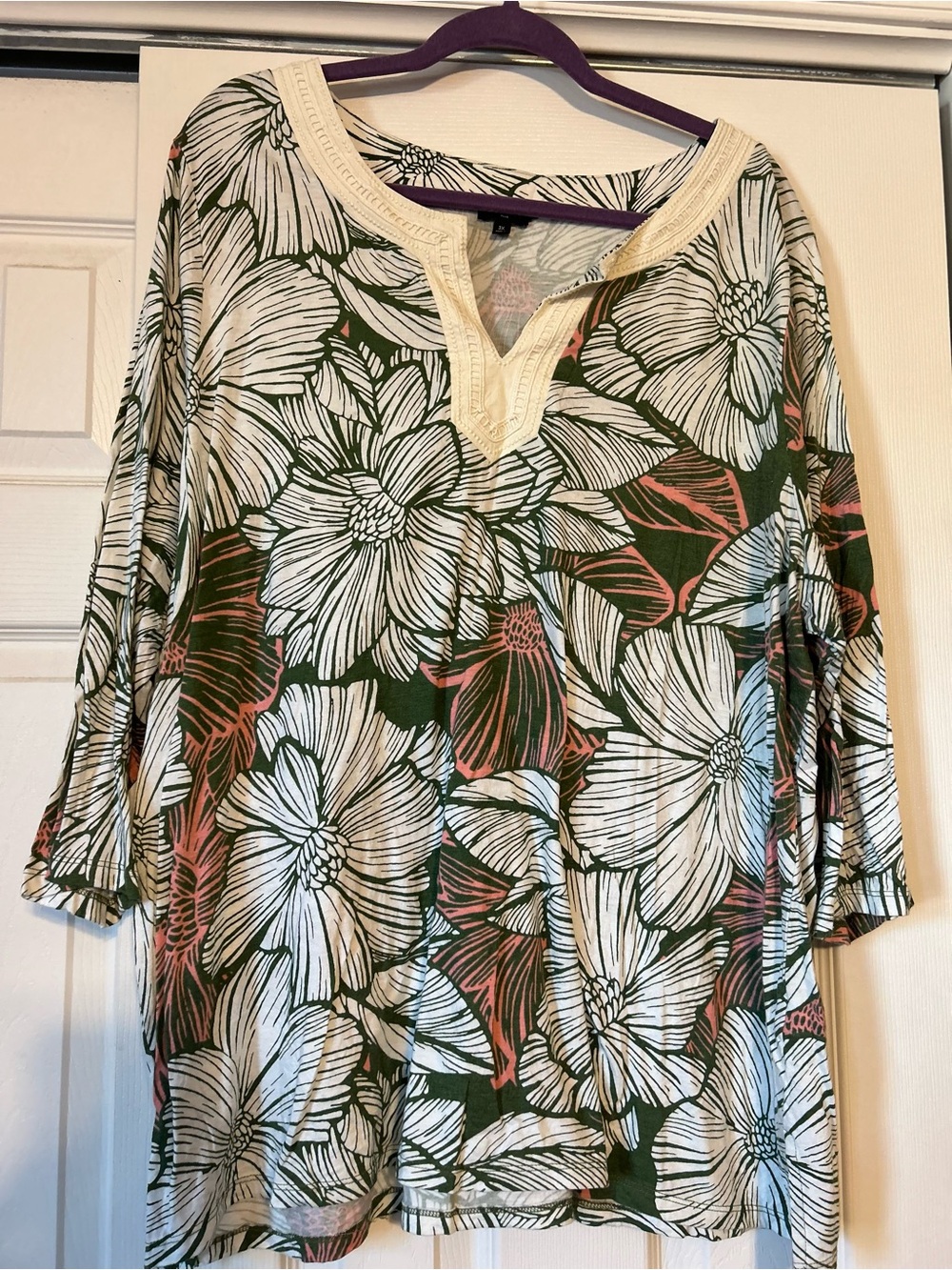 Talbots Women's Floral V-Neck Tunic Top - Olive Green